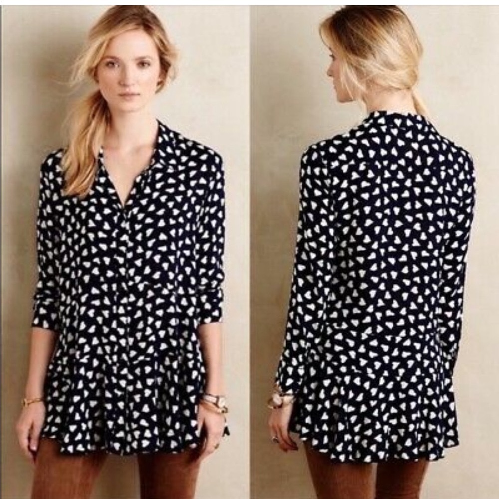 Anthropologie's 11.1 Tylho blouse in navy, ruffled with heart print - M